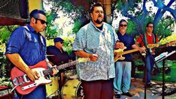 Band performing outdoors under trees, with singer center and guitarists playing on either side.