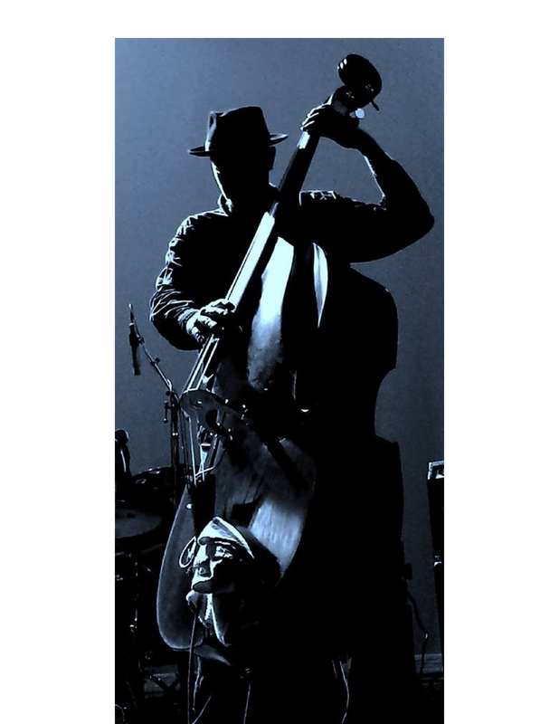 Silhouetted musician playing an upright bass on a dimly lit stage