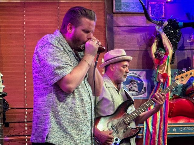 Two musicians performing onstage, one singing into a microphone and one playing bass under colorful lights.