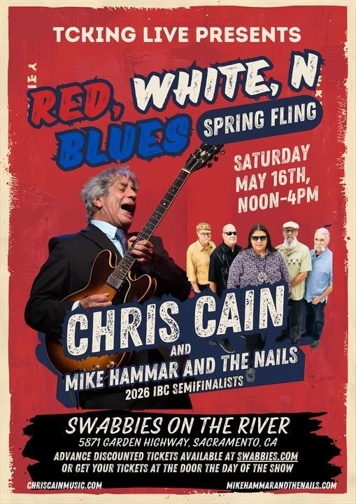 Red, White, n Blues Spring Fling poster featuring Chris Cain and Mike Hammar & the Hails in a concert ad