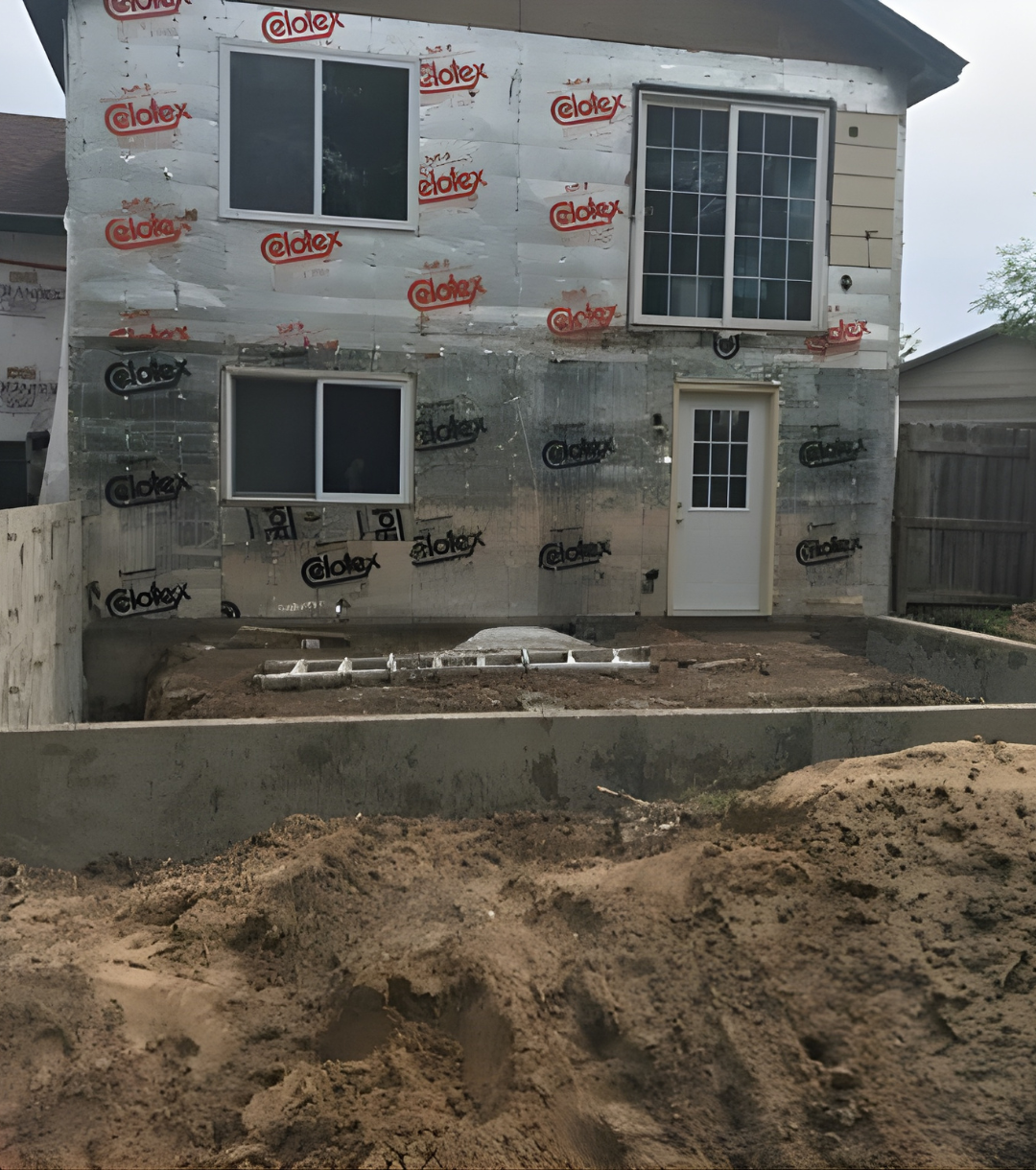 Tan house with brown shingled roof, white trim, and blue sky.