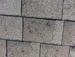 Close-up of gray asphalt roof shingles, textured and overlapping.