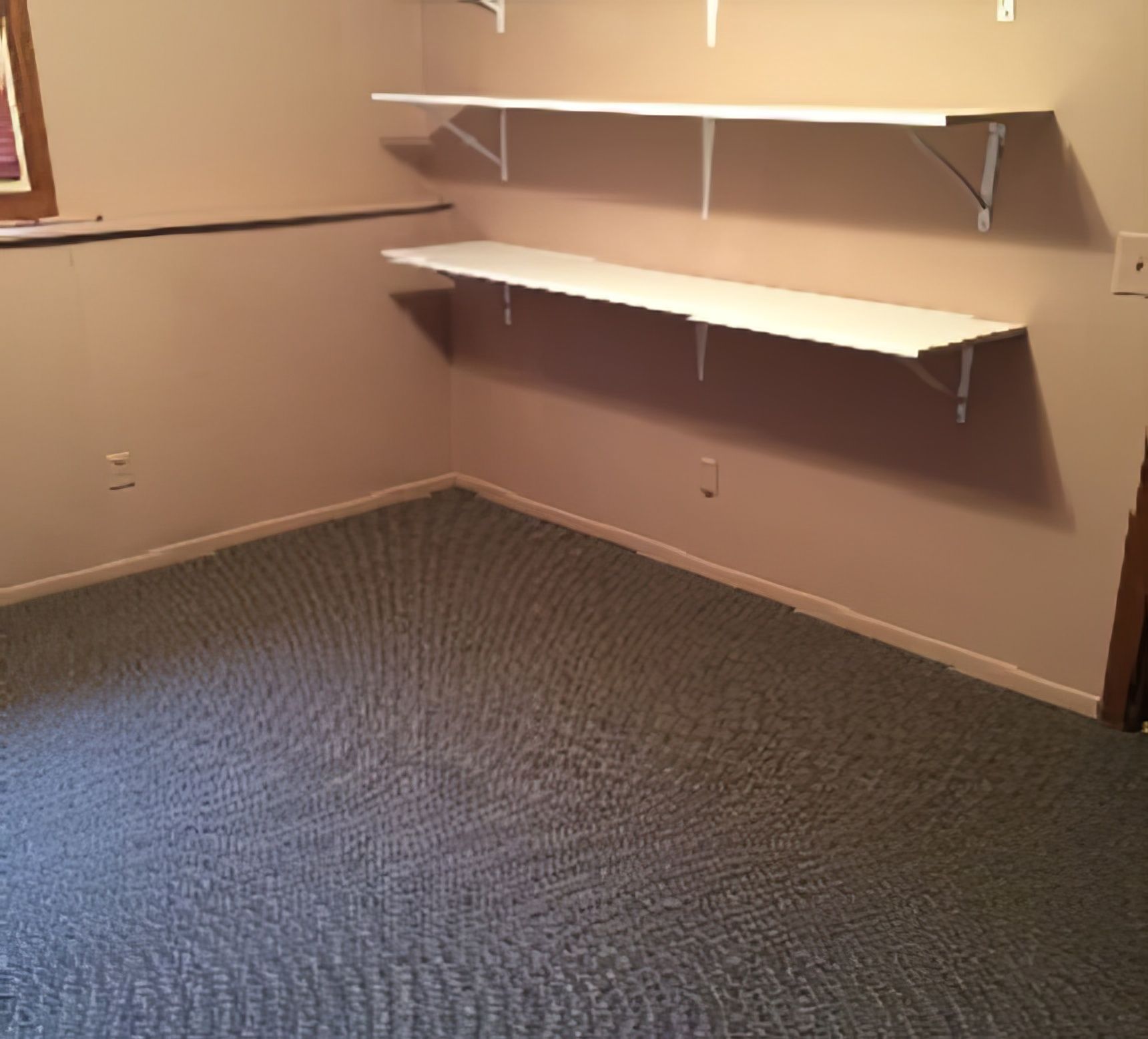 Empty room with shelves. Gray carpet, beige walls, white shelves.