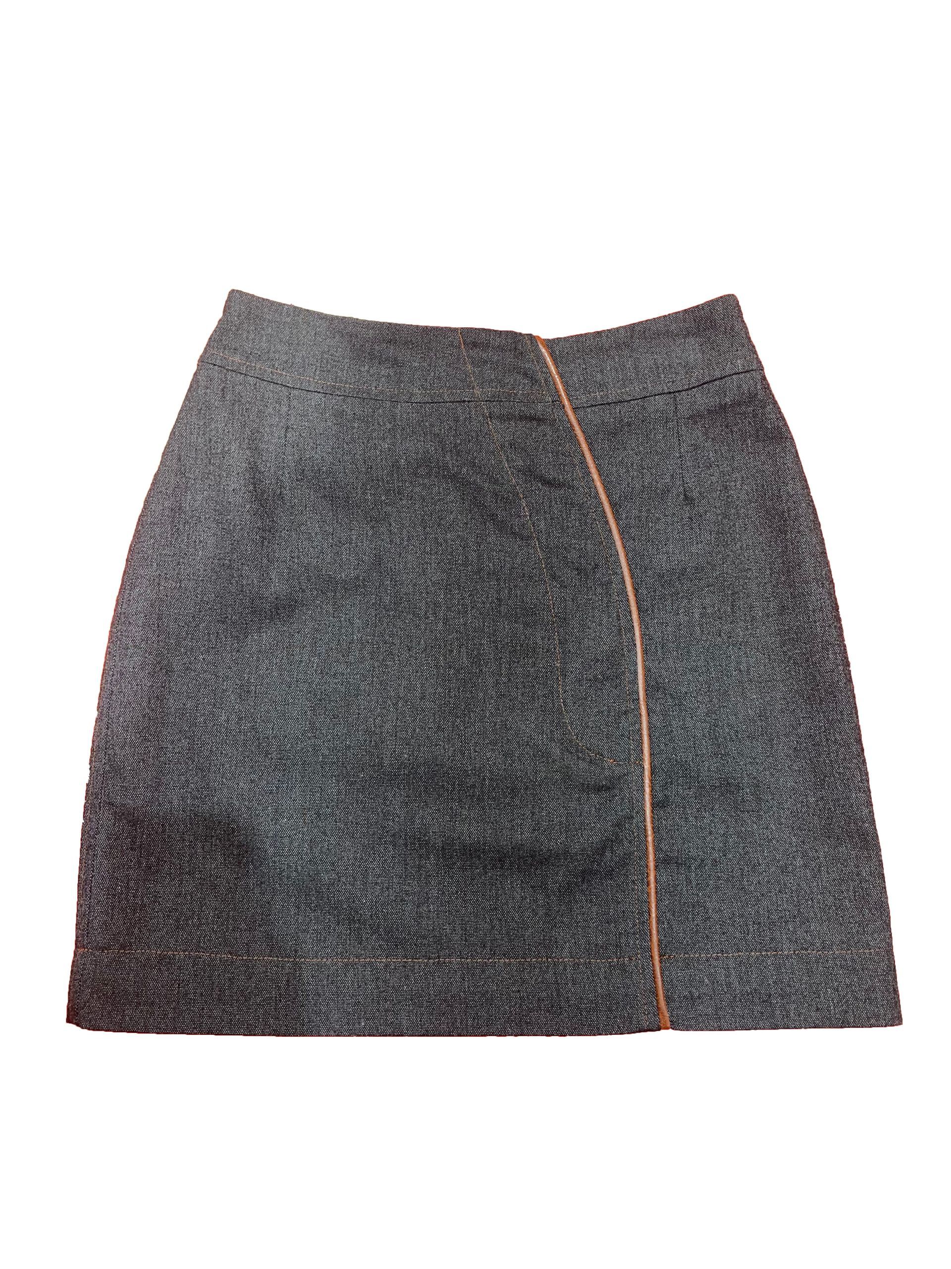 Gray wrap-style skirt with a rust-colored edge.