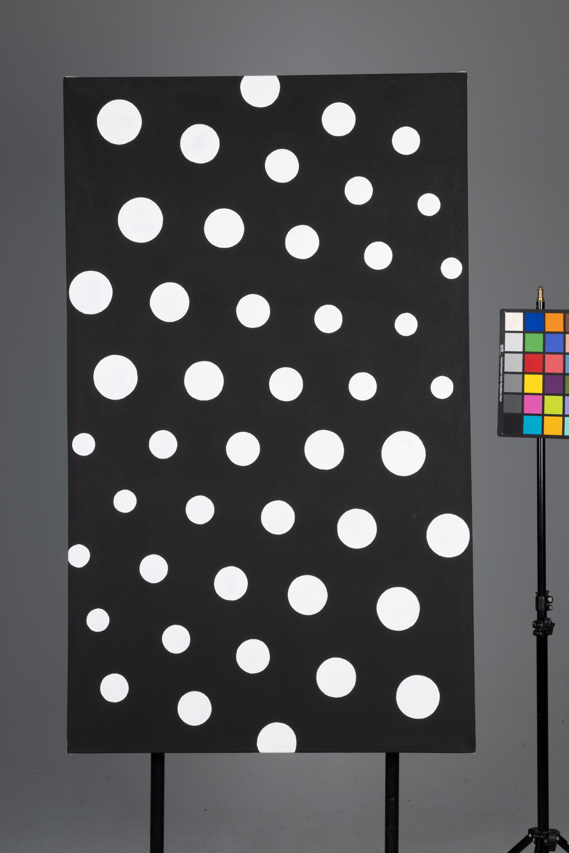 Black panel with scattered white polka dots beside a color calibration chart on a gray background