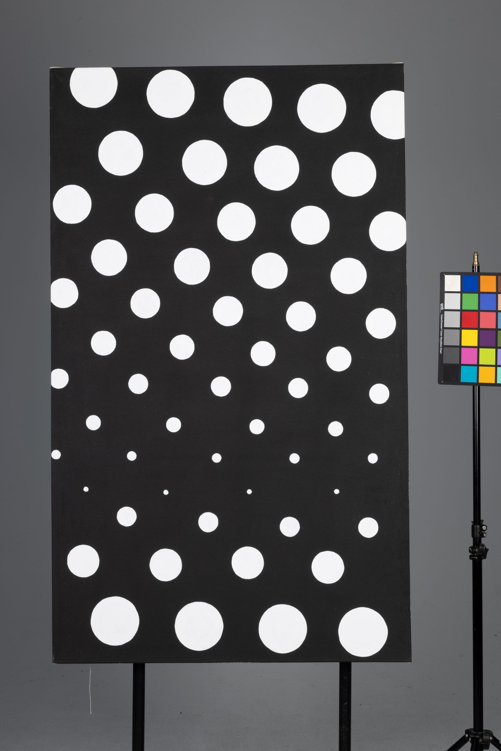 Black panel with rows of white dots in varying sizes beside a color checker chart.