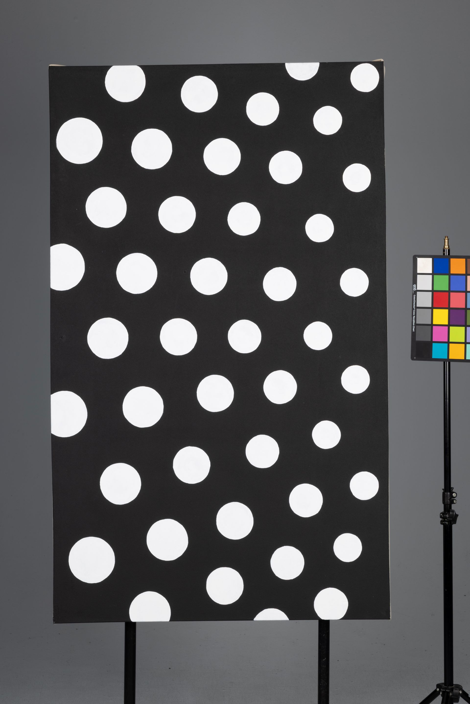 Black panel with large white polka dots beside a color calibration chart on a stand
