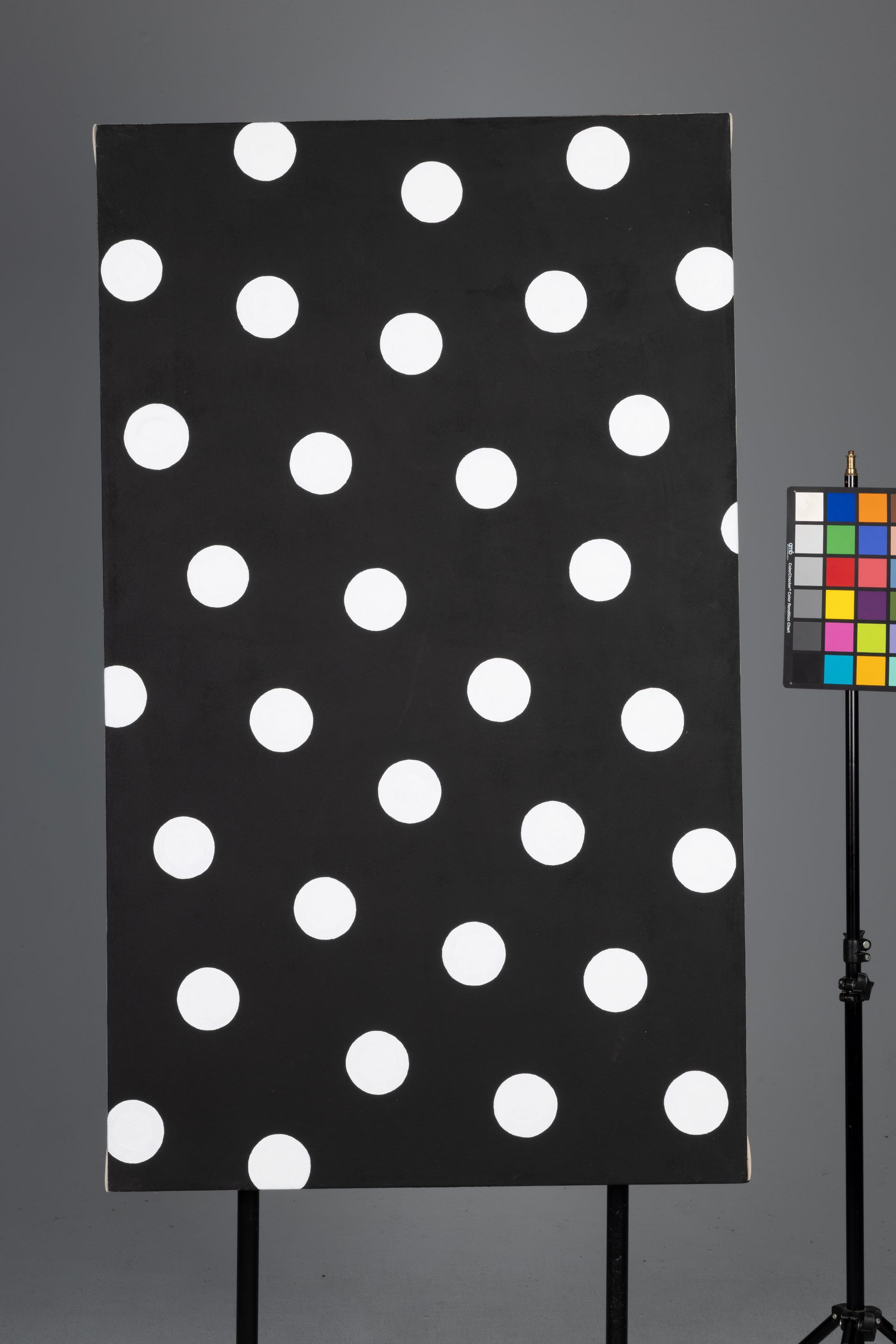 Black board covered with white polka dots beside a color chart on a stand.