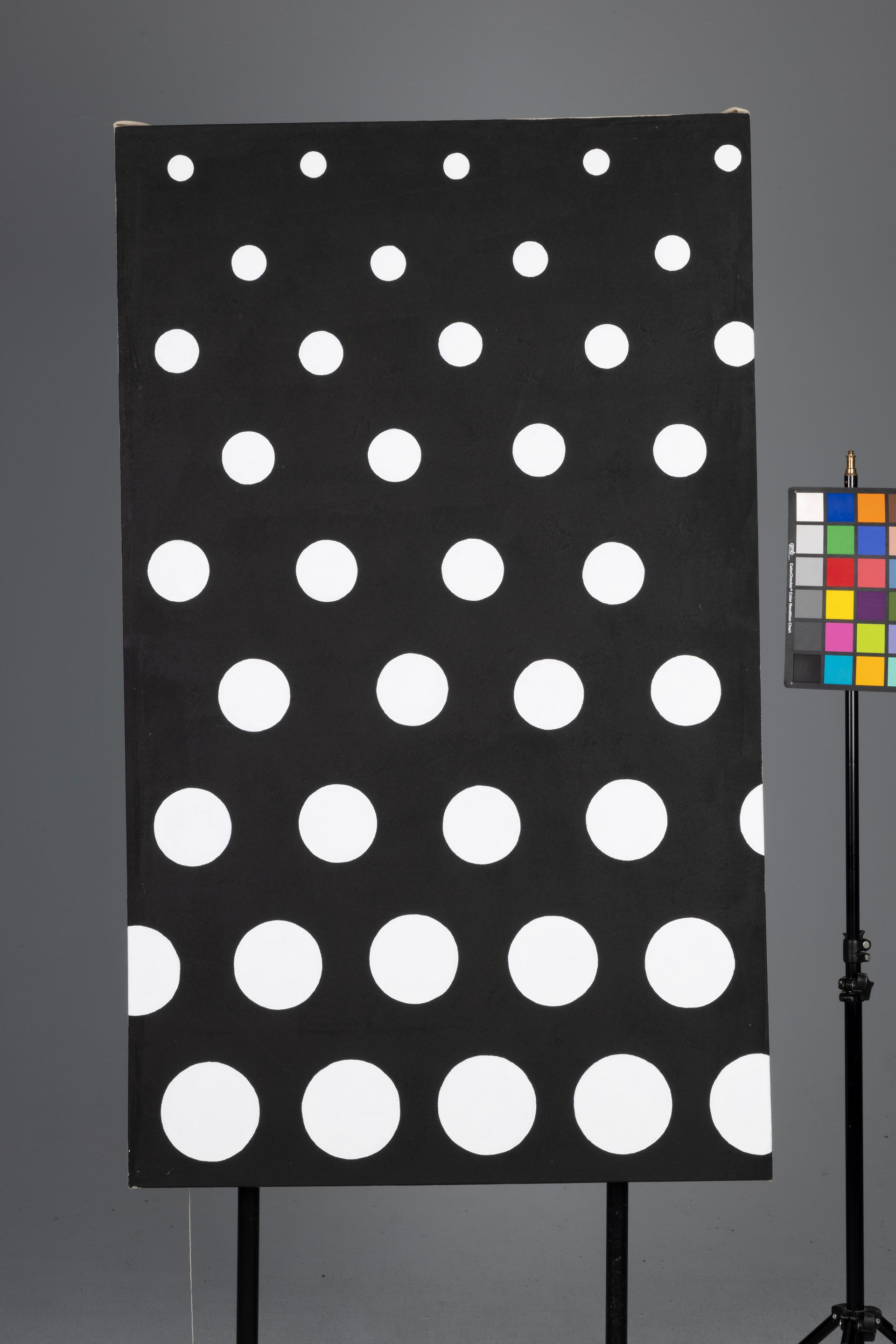 Black panel with white polka dots in varying sizes beside a color checker on a gray background