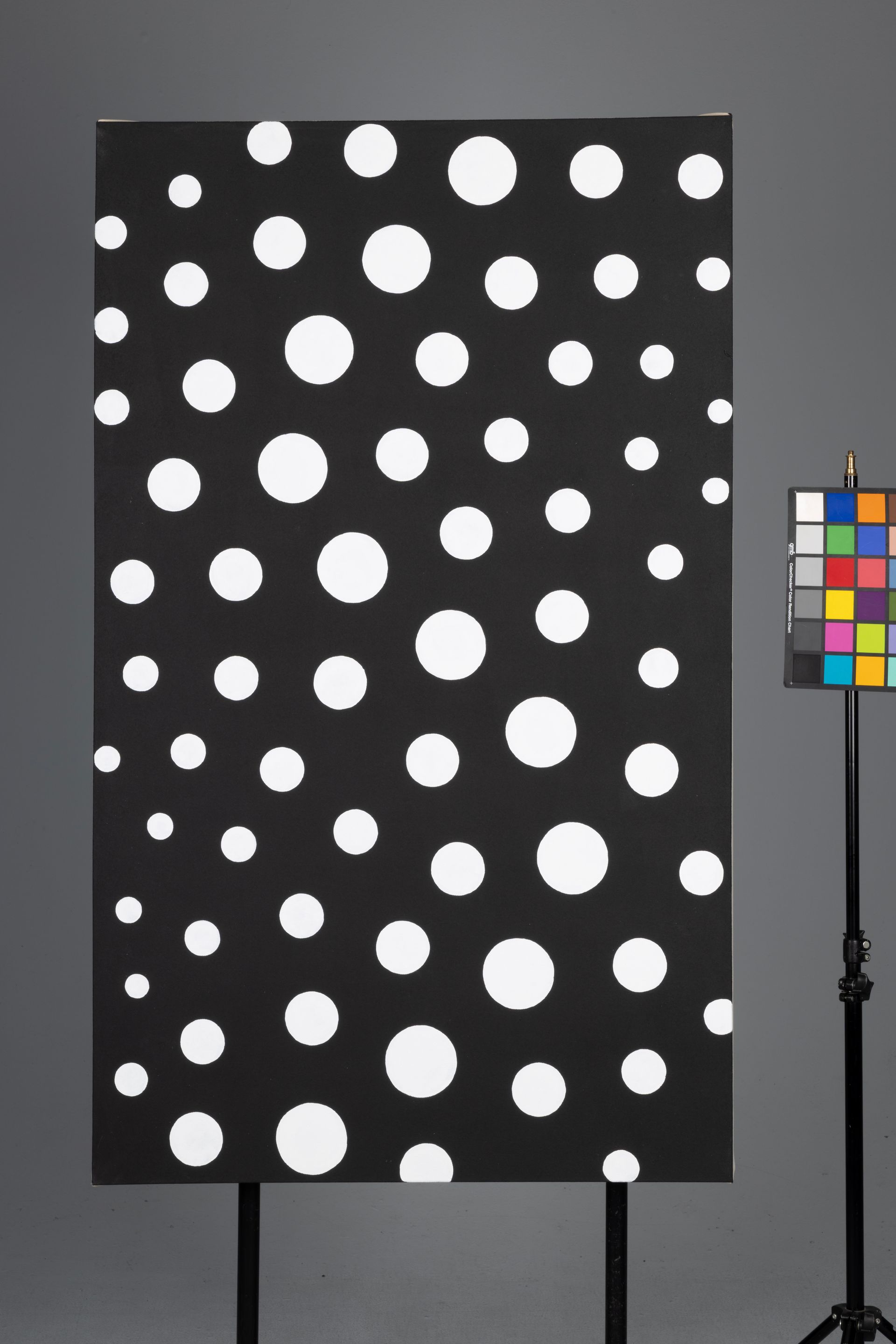 Black panel with large white polka dots beside a color calibration chart on a stand