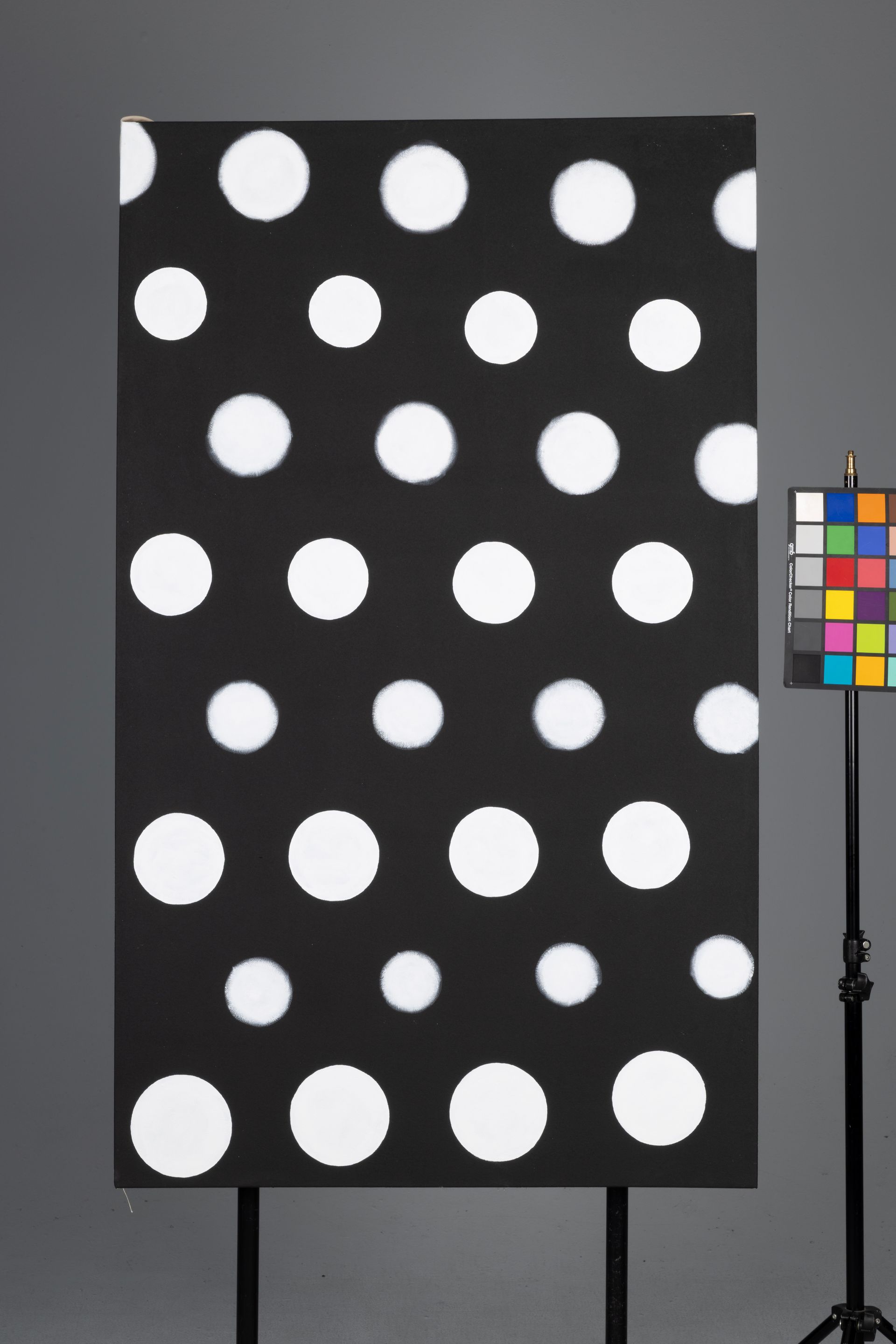 Black board with white polka dots beside a color calibration chart on a stand