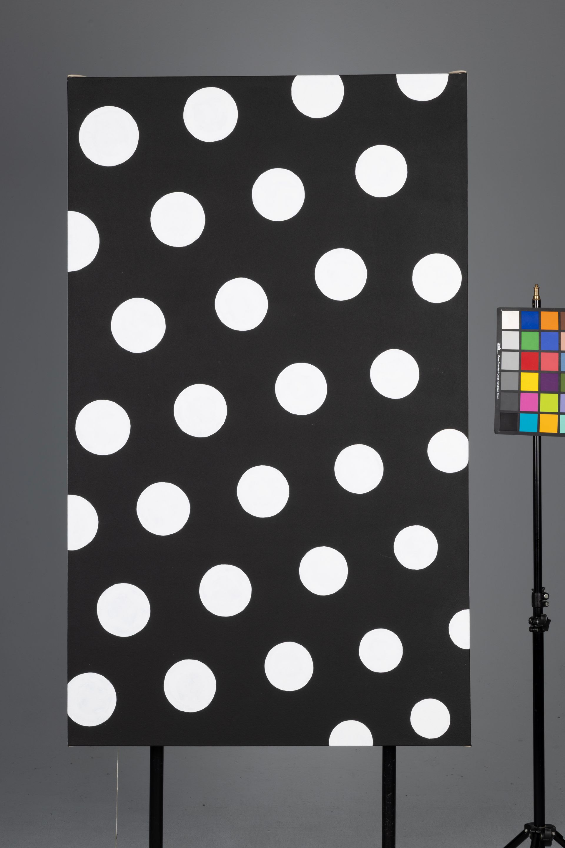 Black panel with large white polka dots beside a color calibration chart on a gray background