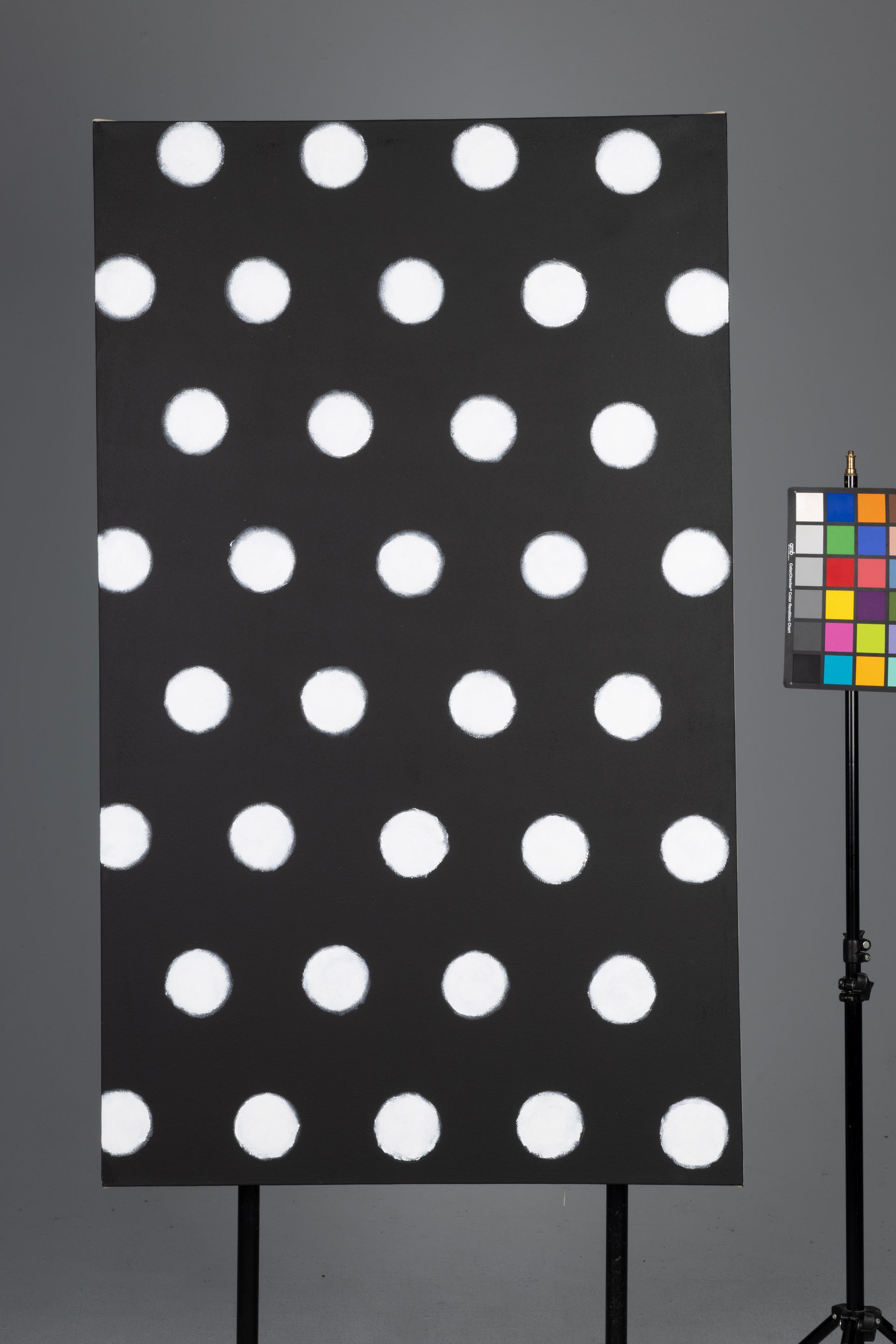 Black panel with white polka dots beside a color calibration chart on a stand