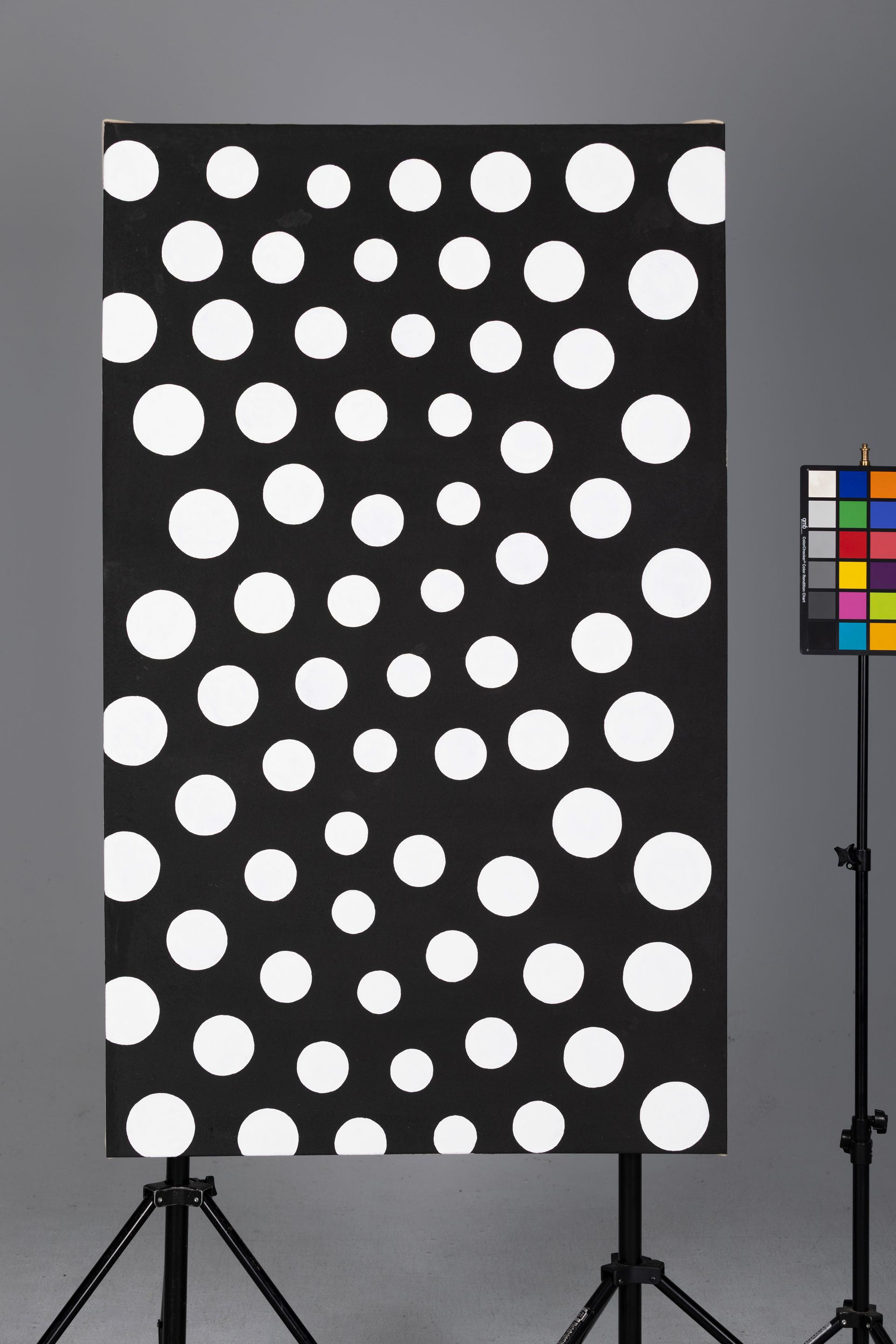 Black display board with large white dots beside a color chart on a stand.