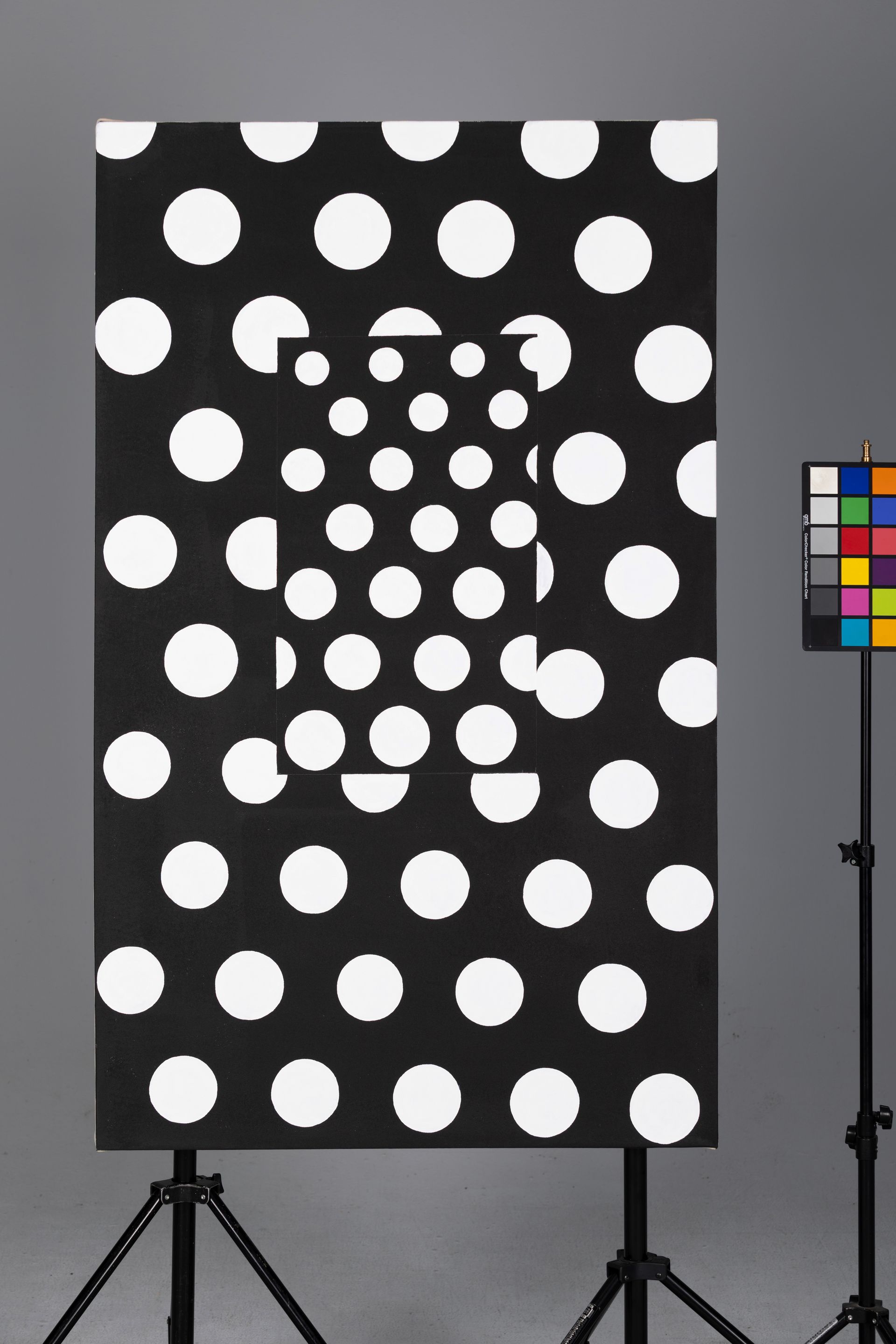Black-and-white optical illusion panel on a tripod stand with color swatches beside it