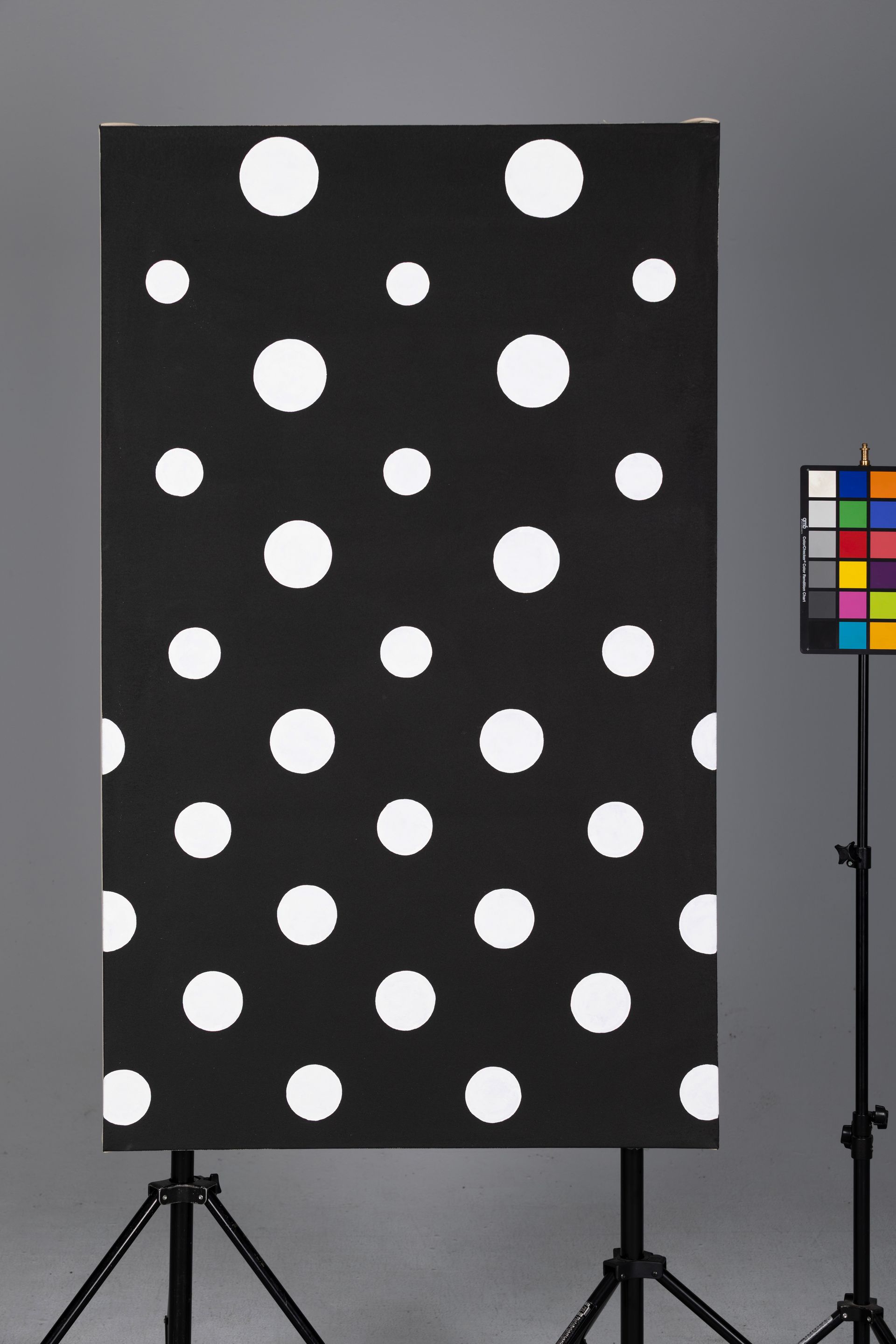Black panel with large white polka dots on a tripod stand, with a color calibration chart beside it.