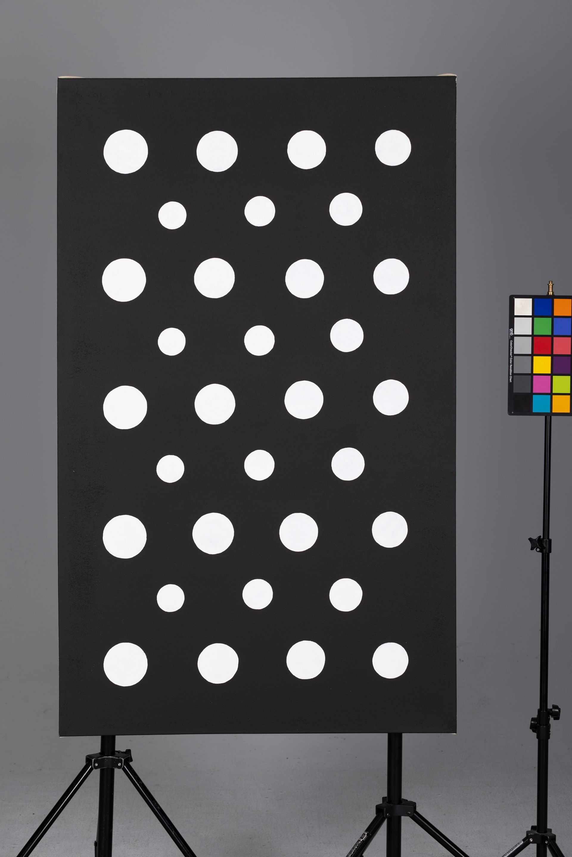 Black board with rows of white circles on a tripod, beside a color calibration chart.