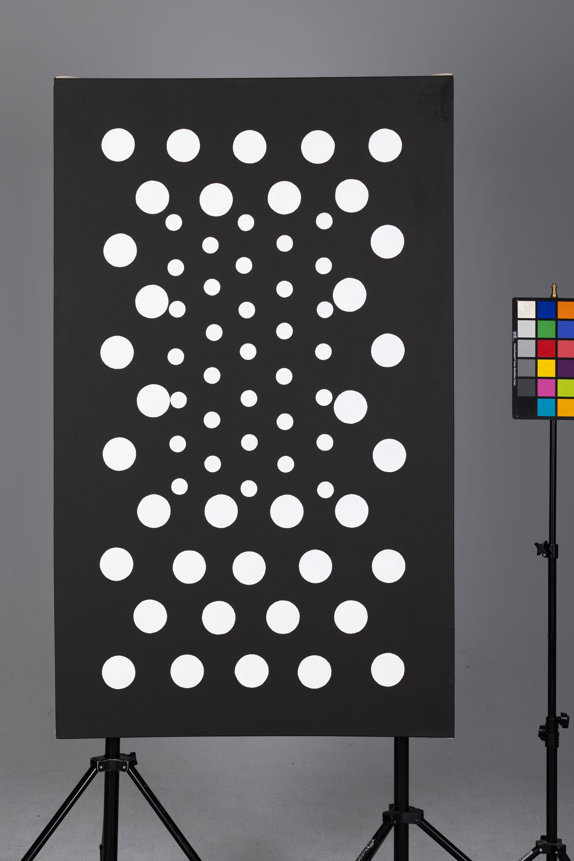 Black test chart with circular dots and color swatch on tripod against gray background