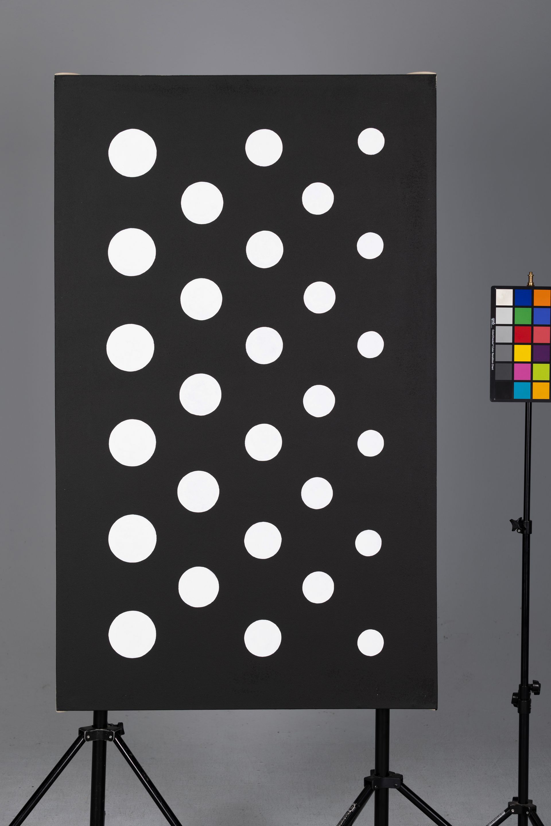 Black rectangular board on a tripod with white circular dots, beside a color calibration chart.