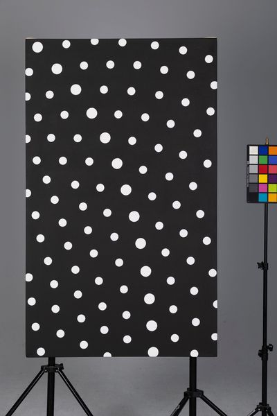 Black polka-dot backdrop on a stand with a color checker chart beside it