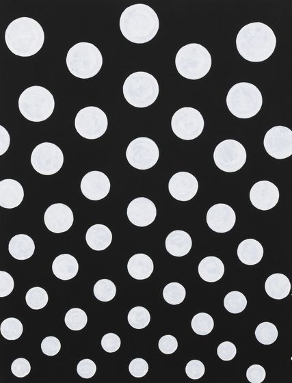 White polka dots of varying sizes on a dark gray background