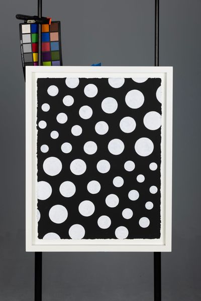 Black board with a grid of white dots beside a color calibration chart on a tripod.