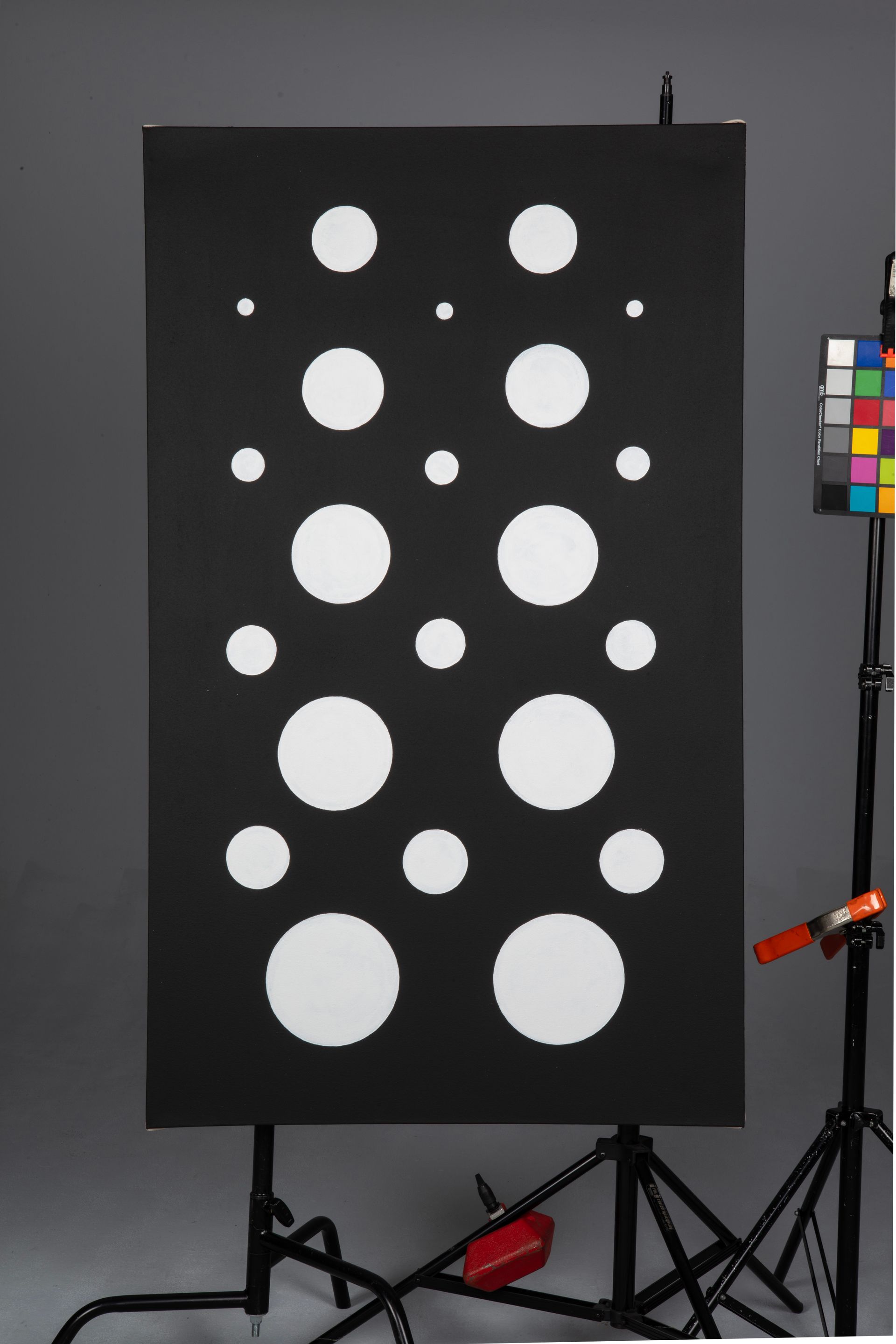 Black test board with rows of white circles and a color calibration chart on the right.