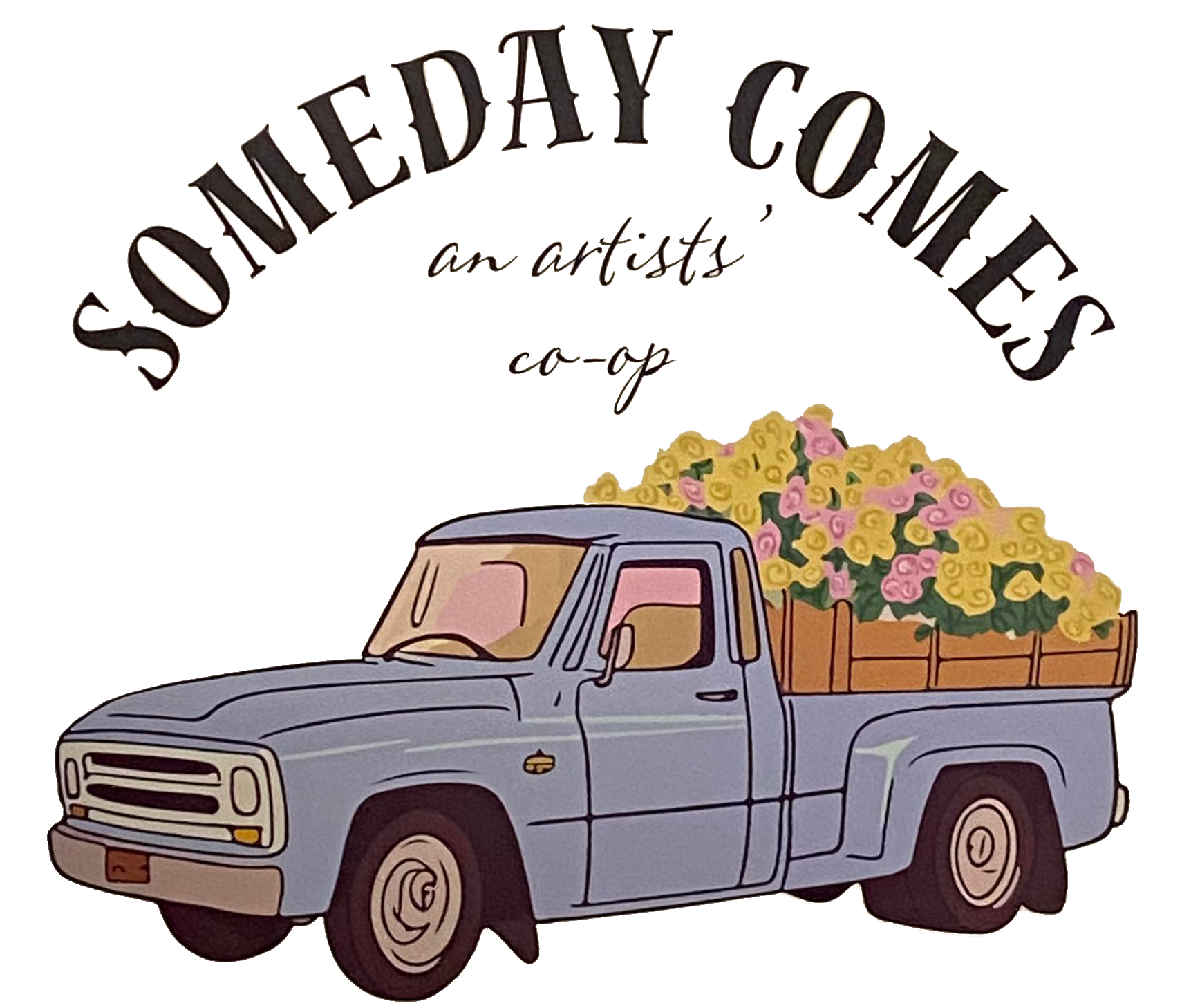 A blue truck with a basket of flowers in the back.