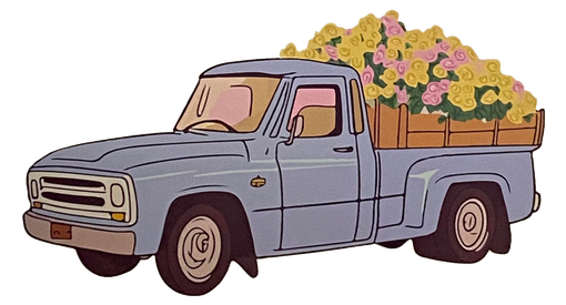 A blue truck with a basket of flowers in the back.