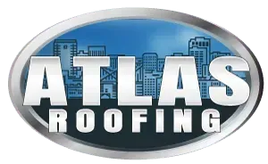 A logo for atlas roofing with a city skyline in the background