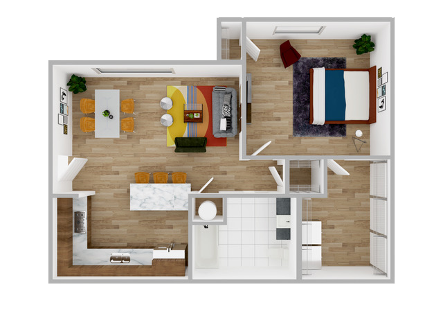 Floor plan rendering: one-bedroom apartment with kitchen, dining, living room, and bedroom, furnished in neutral tones.
