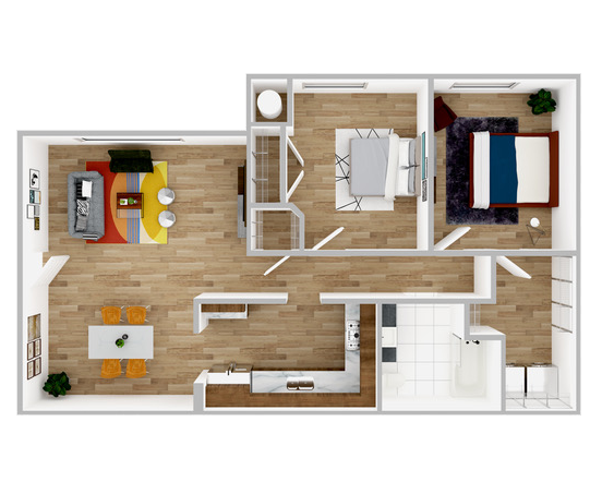 Floor plan of an apartment; living room, dining area, kitchen, and two bedrooms.