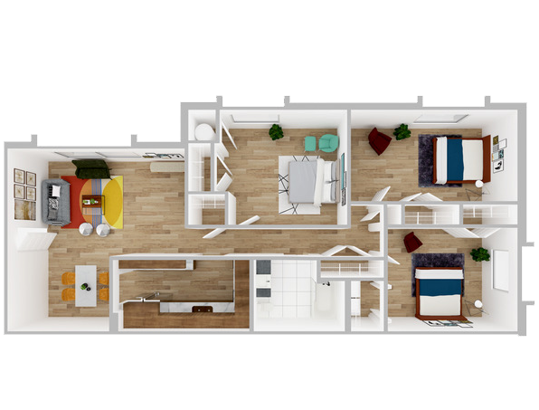 Floor plan: modern apartment with open living, dining, and kitchen, plus 3 bedrooms and 2 bathrooms.