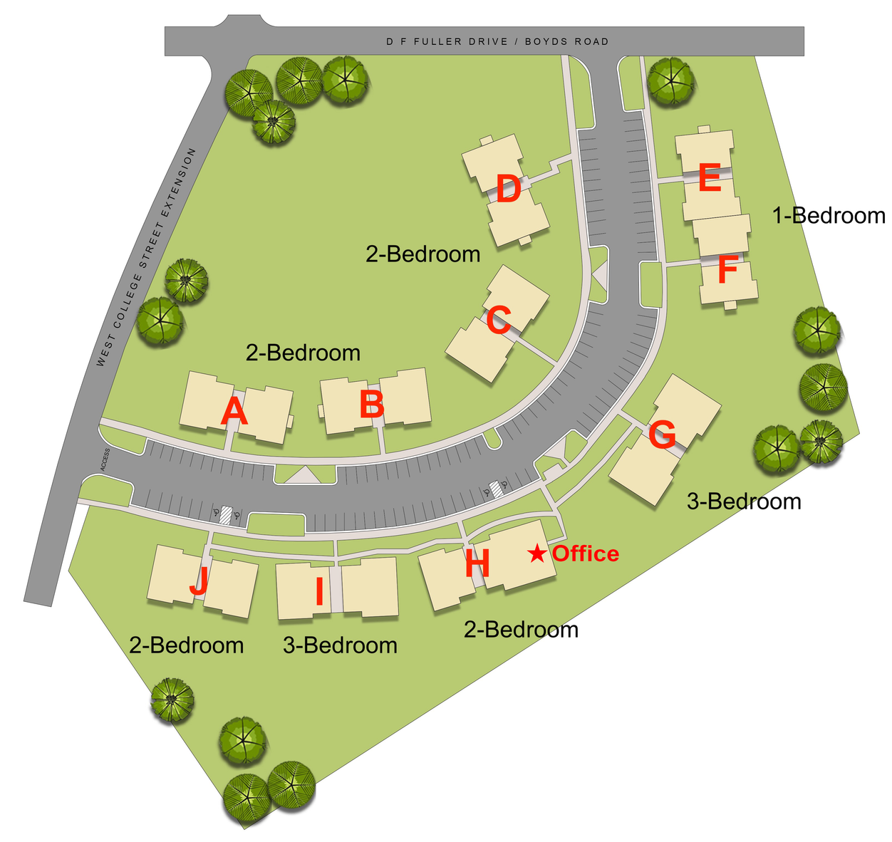 Apartment complex layout: buildings A-J on a green lot with street access, labeled with bedroom counts.