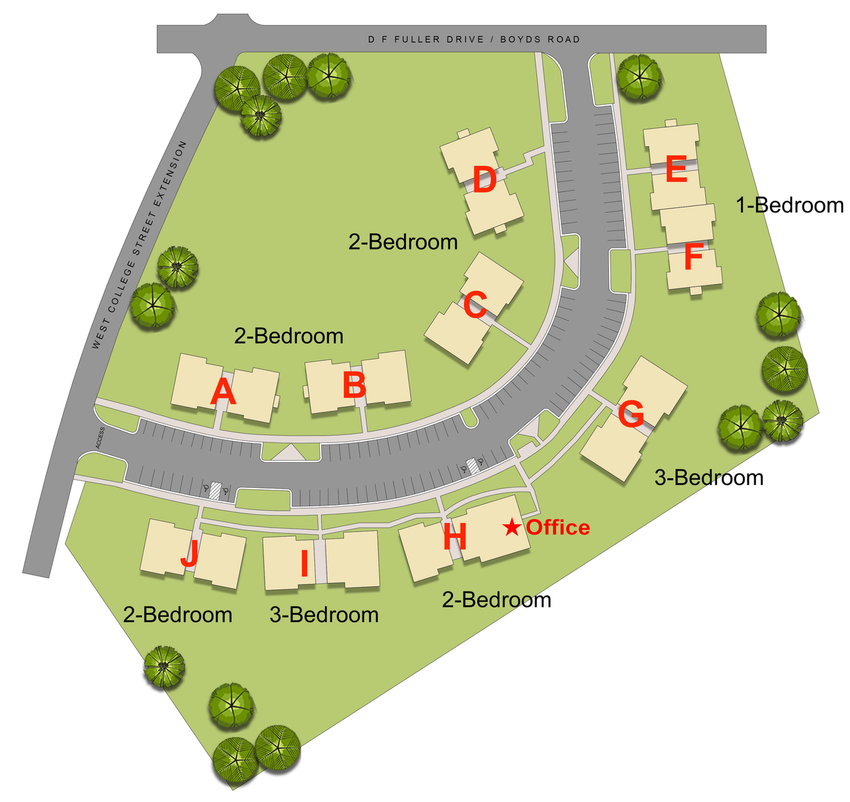 Apartment complex layout: buildings A-J on a green lot with street access, labeled with bedroom counts.