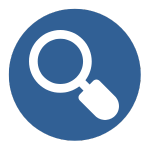 A magnifying glass icon in a blue circle on a white background.