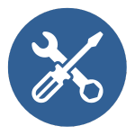 A wrench and screwdriver are crossed in a blue circle.