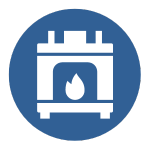 An icon of a fireplace with a fire in it in a blue circle.