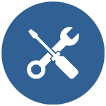 A wrench and screwdriver are crossed in a blue circle.