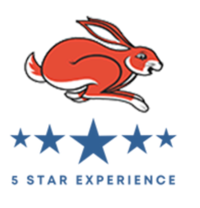 A 5 star experience logo with a red rabbit