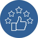 A thumbs up with five stars around it in a blue circle.