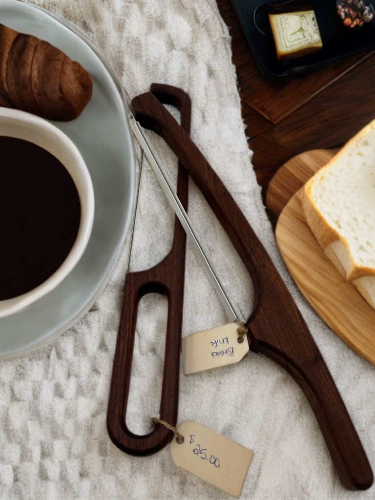 Two wooden bread slicers with tags, near a breakfast setting with coffee, croissant, and bread slices.