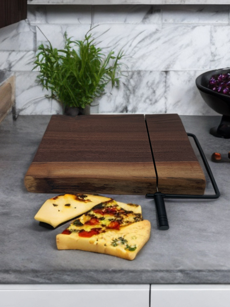 A wooden cutting board with two slices of cheese on it