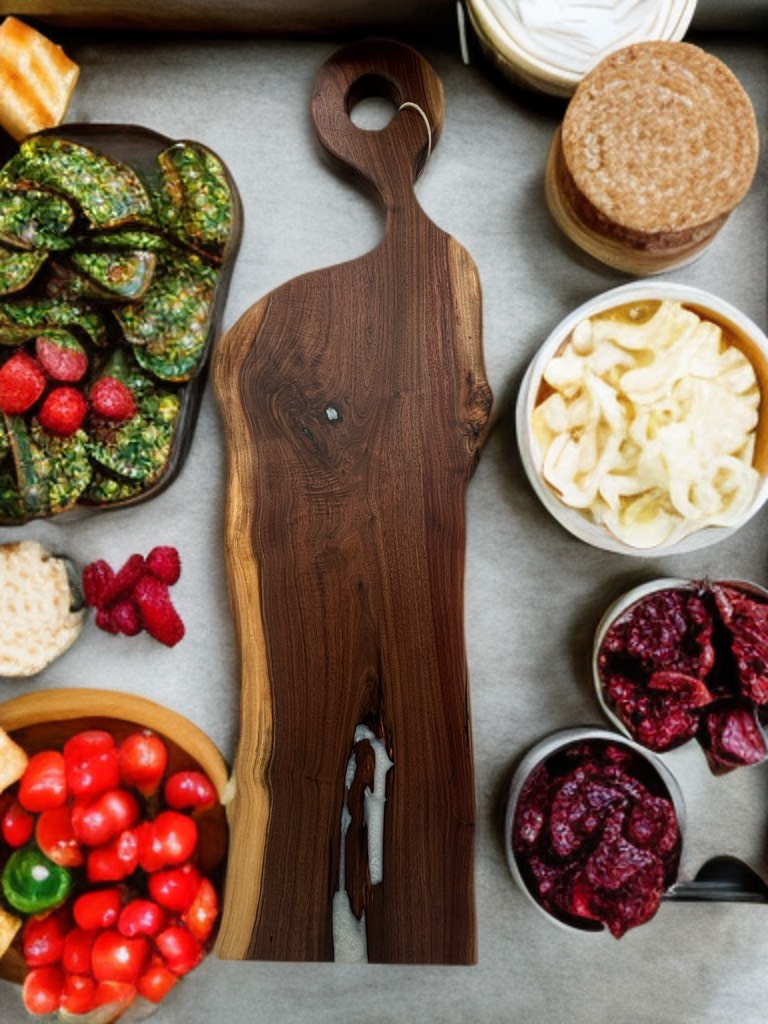 Charcuterie board with snacks like berries, chips, and onions, with a wooden serving board in the center.