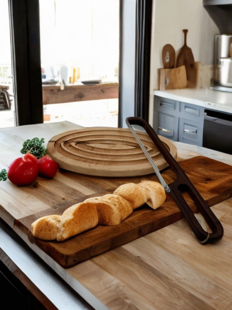 Bread, tomatoes, and a bread slicer on a wooden countertop in a kitchen setting.