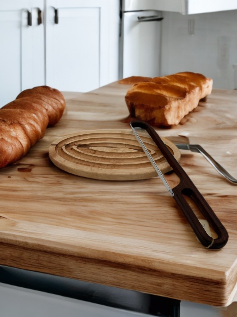 Bread loaves and bread knife on a wooden countertop in a kitchen setting.
