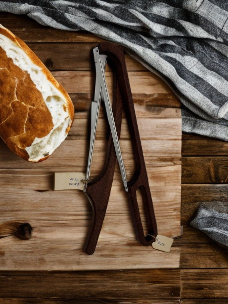 Bread loaf beside a bread slicer on a wooden board, with a striped cloth.