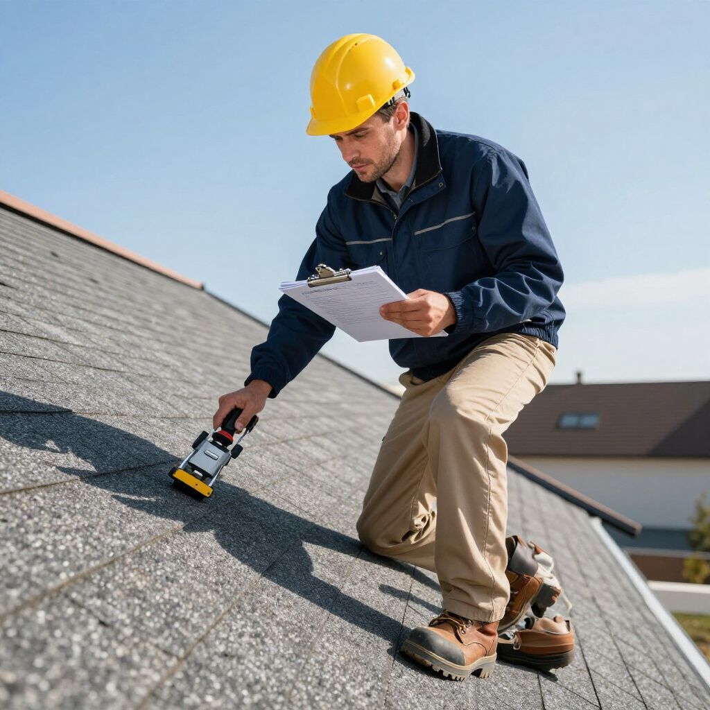 Person in a yellow hard hat on a roof, inspecting shingles with a tool and clipboard on a sunny day.