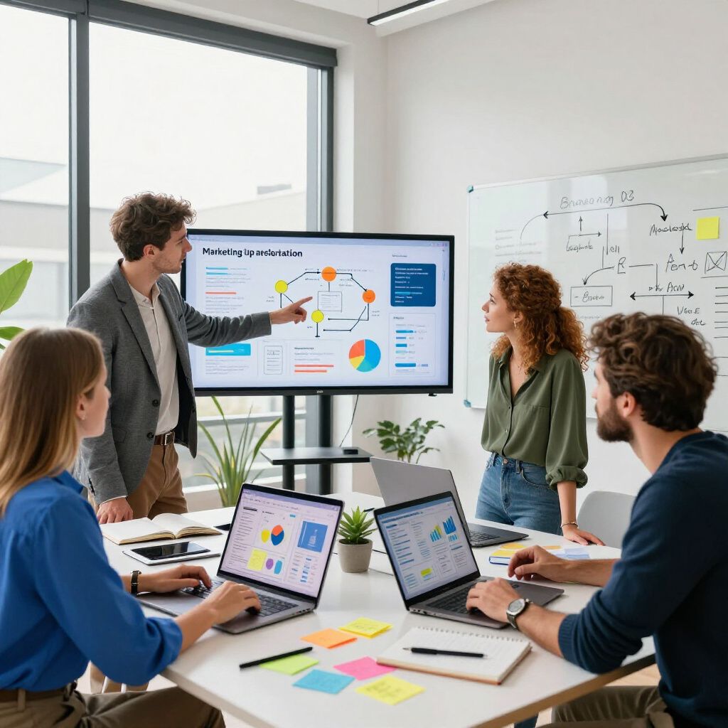A team in an office reviews a presentation on a screen, each at a laptop.