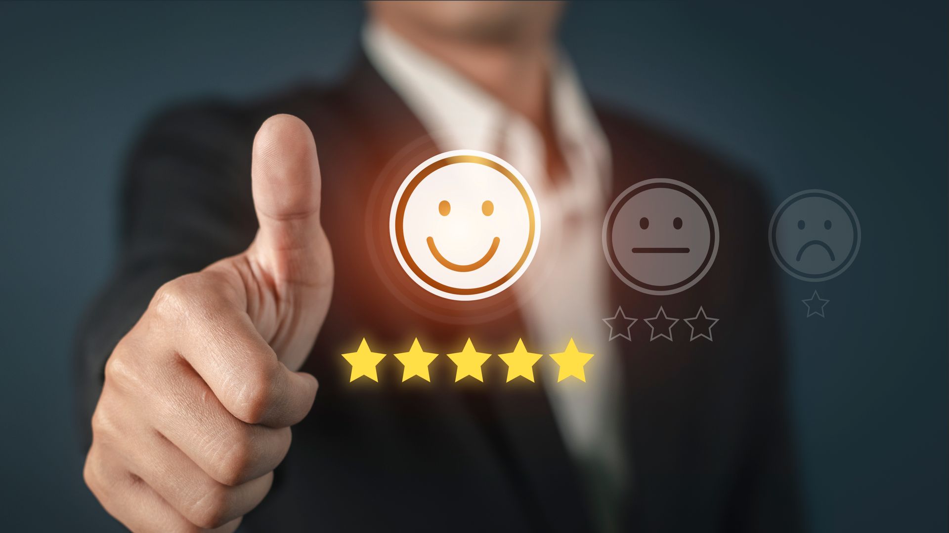 Person giving a thumbs up, with a happy face icon and five glowing stars, suggesting excellent customer satisfaction.